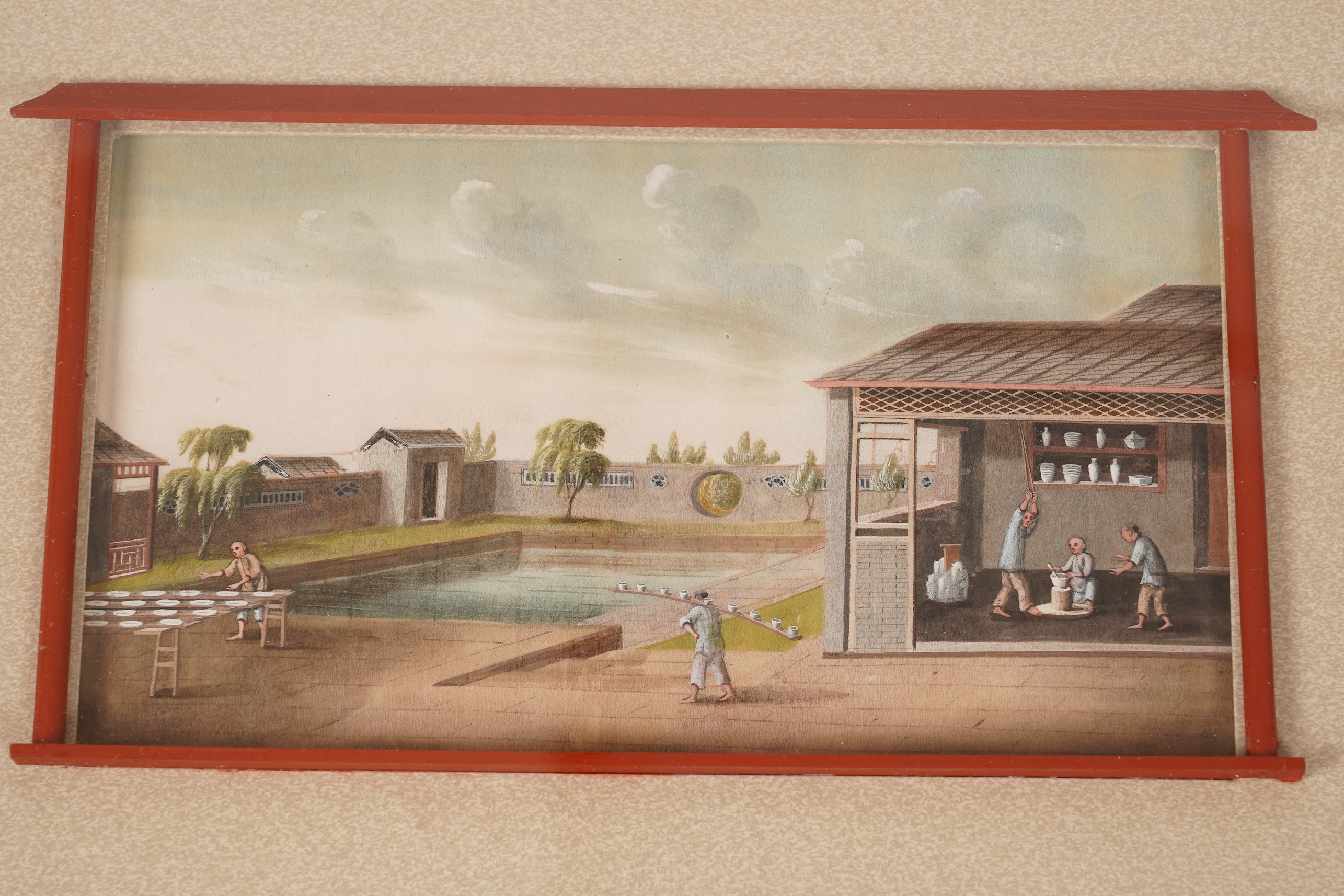 Circle of Youqua , Chinese (Mid 19th century), Scenes of rice or tea production, Six watercolours on pith paper, Image 12cm x 22.5cm